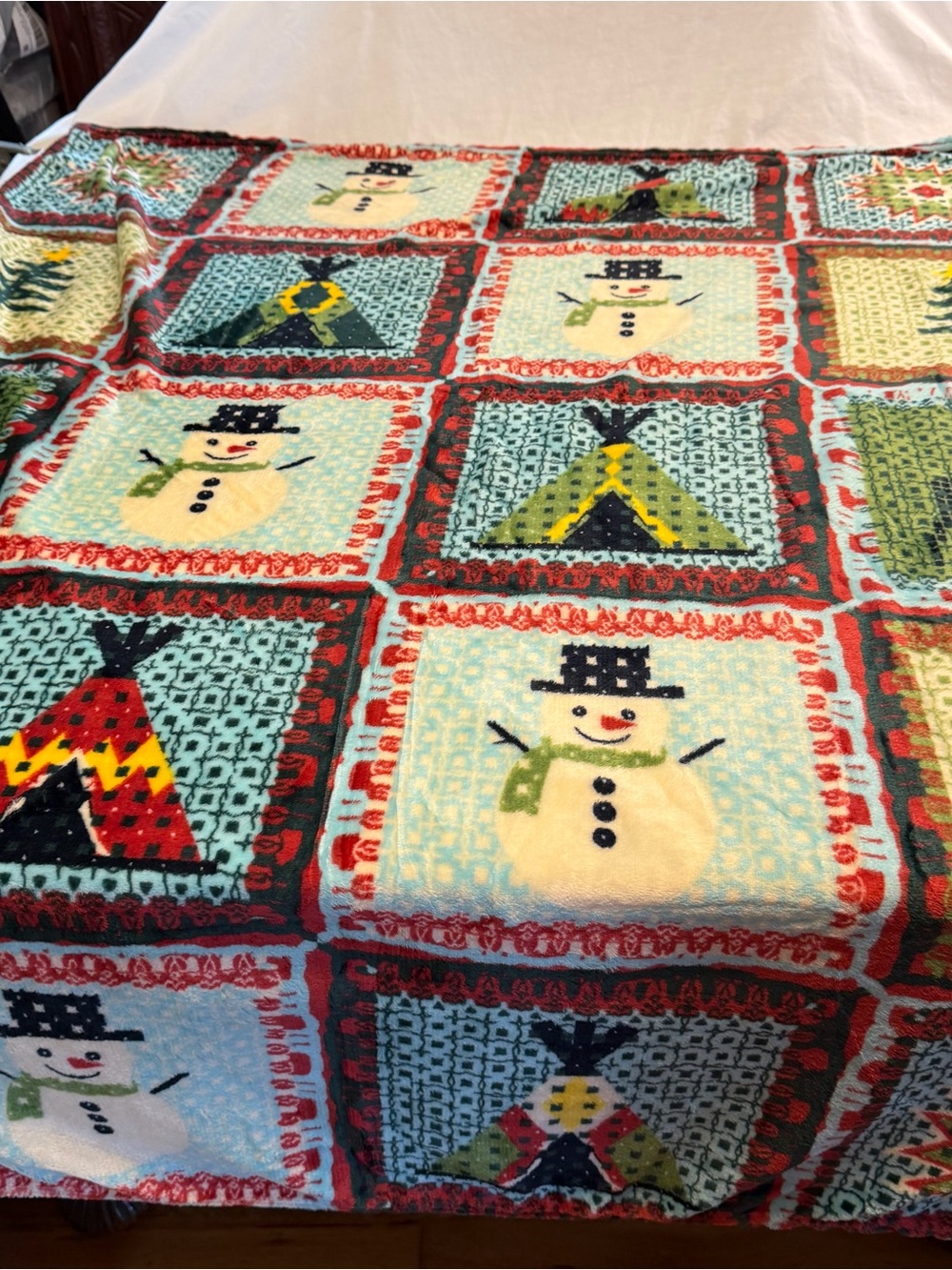St. Labre Indian School Christmas Snowman and Teepee plush Throw Blanket.